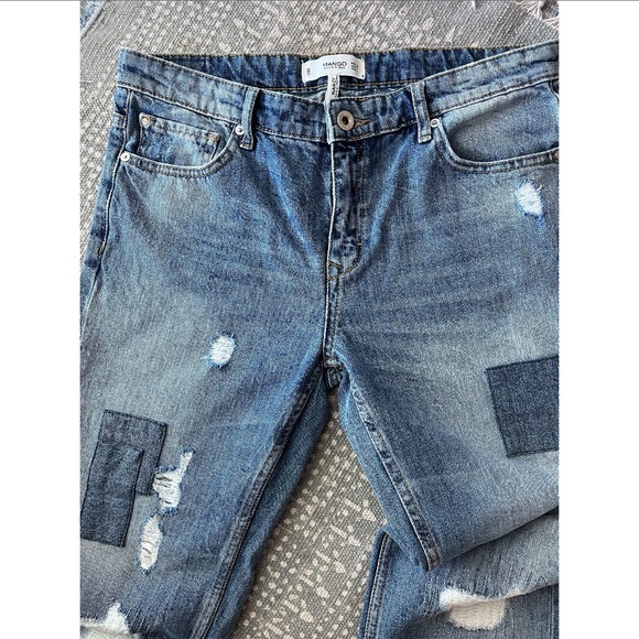 Mango Premium Patchwork Denim Nancy Relaxed Cropped Distressed Jeans Rivets 4 - Picture 1 of 14